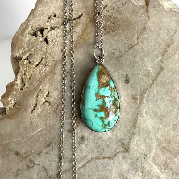 Sterling Silver 925 Southwest Bezel Set Turquoise Cabochon Pendant Necklace 18" - Picture 11 of 16